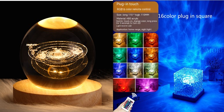 16-Color Water Ripple Ambient Night Light — USB Rotating Crystal Projection Lamp