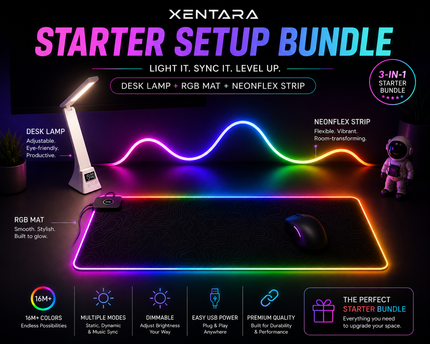 XENTARA Starter Setup Bundle — Desk Lamp + RGB Mat + NeonFlex Strip